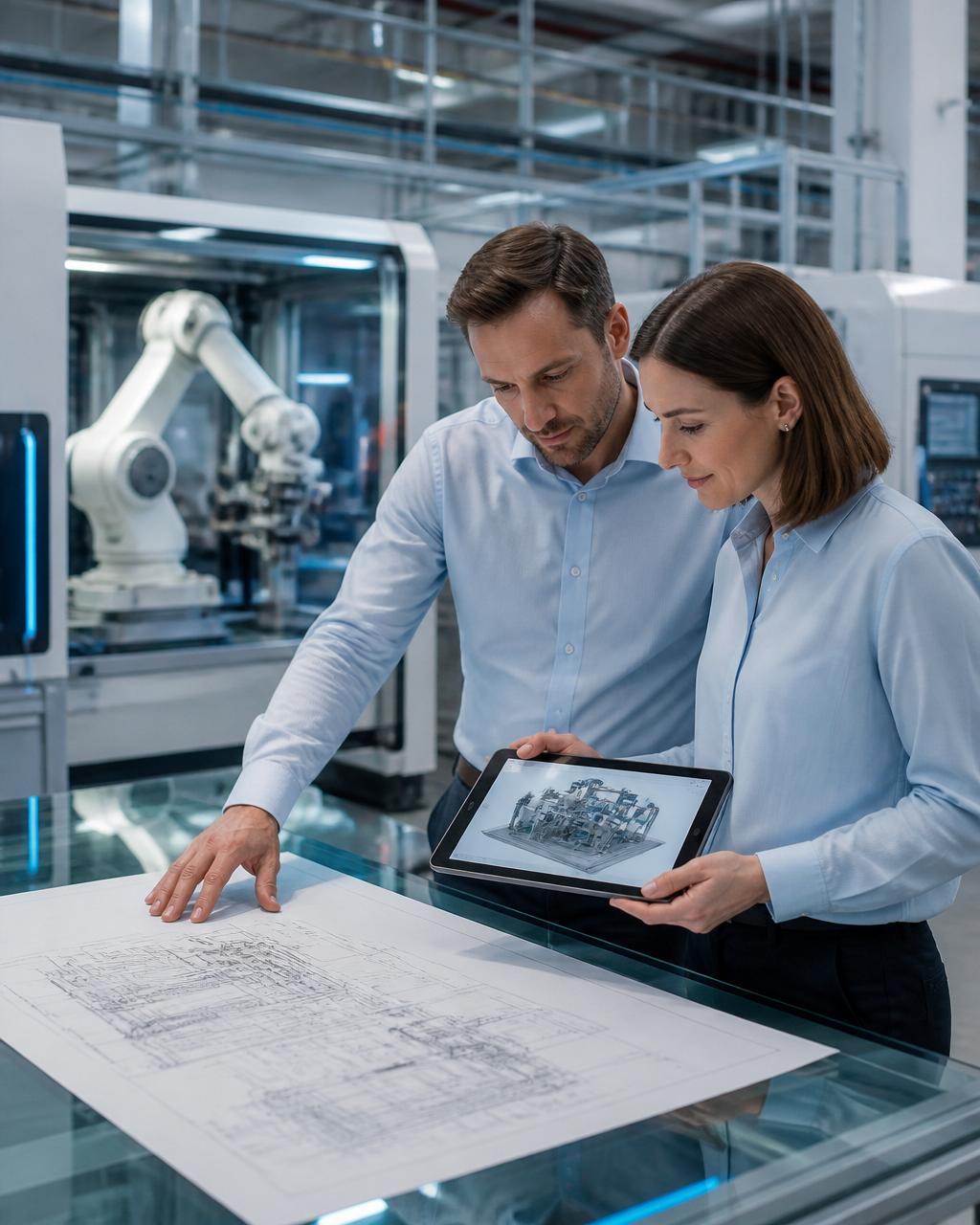 Ingenieure mit CAD-Zeichnung und Tablet-3D-Modell vor Roboterzelle